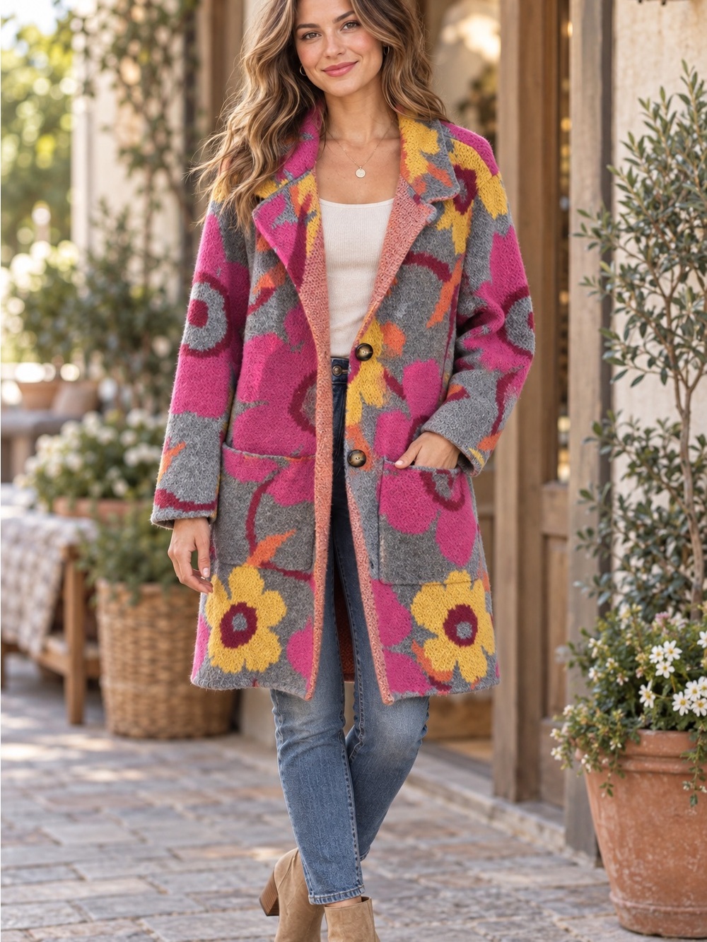 Floral Long Coat in Pink & Gray (090989) 🌼 ☀️